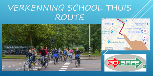 Klas op de fiets met daarbij de tekst verkenning school thuis route, kaartje met route en logo Go Safe.