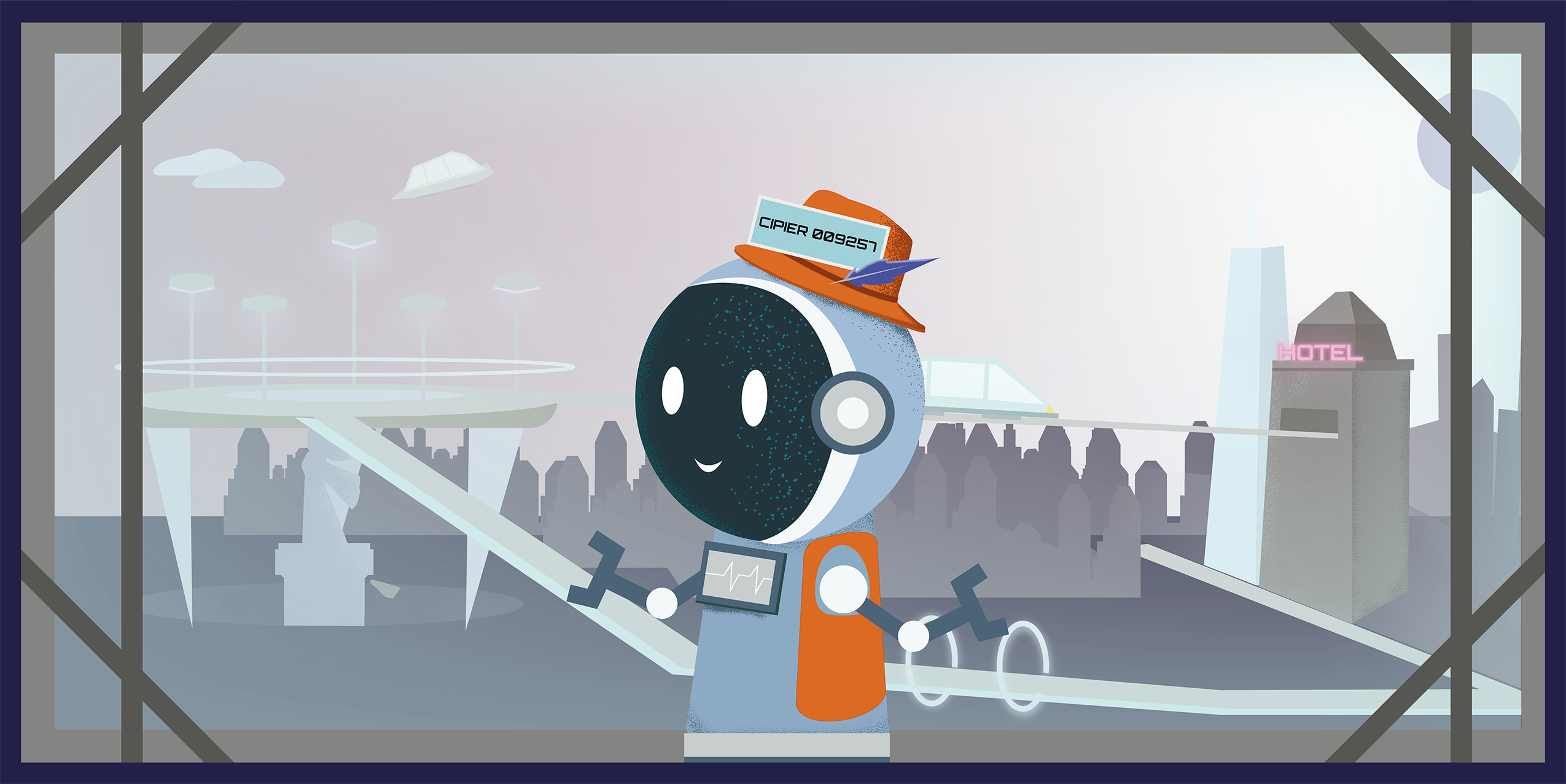 Afbeelding uit het spel van Missie 3014 met robotcipier en in de achtergrond een stad.